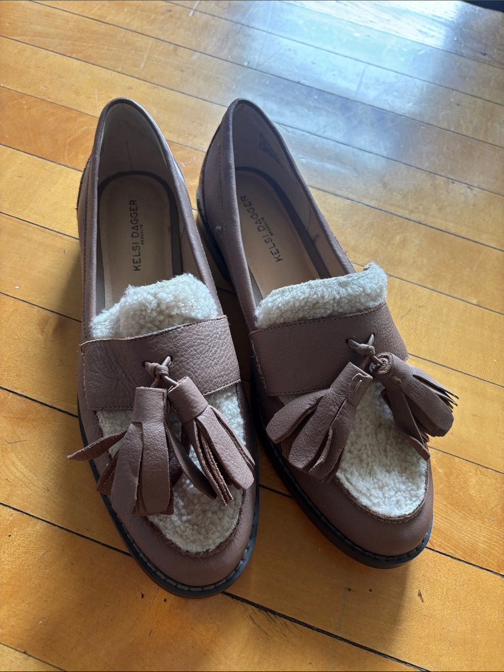 Kelsi Dagger Taupe Shearling Tassel Loafers